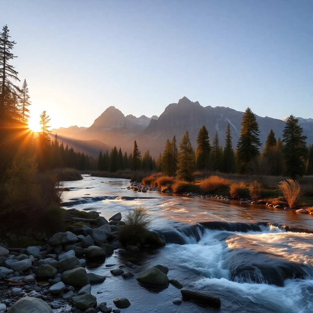 serene nature scene with mountains, trees and flowing water in golden hour lighting, peaceful meditation spot