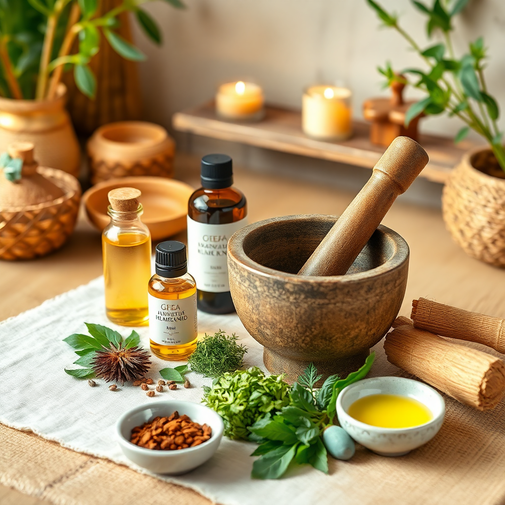 ayurvedic herbs, oils and traditional medicine setup with mortar pestle, peaceful spa setting