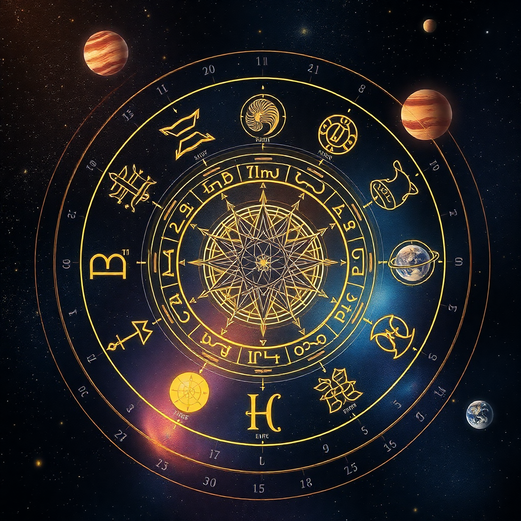 astrological birth chart with zodiac symbols, cosmic background with stars and planets, mystical golden lighting