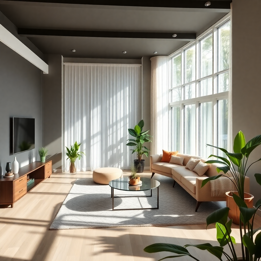 beautiful modern home interior with vastu principles, balanced space with natural light, plants and harmonious design