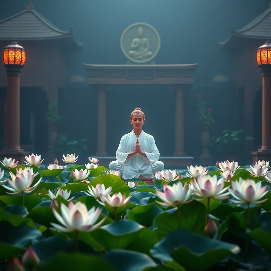 peaceful meditation scene with lotus flowers, spiritual practitioner in traditional setting, serene atmosphere